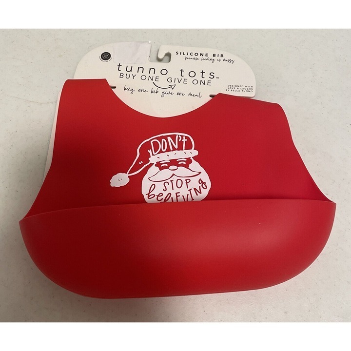 Tunno Tots Red Silicone Don't Stop Believing Santa Christmas Catch Pocket Bib